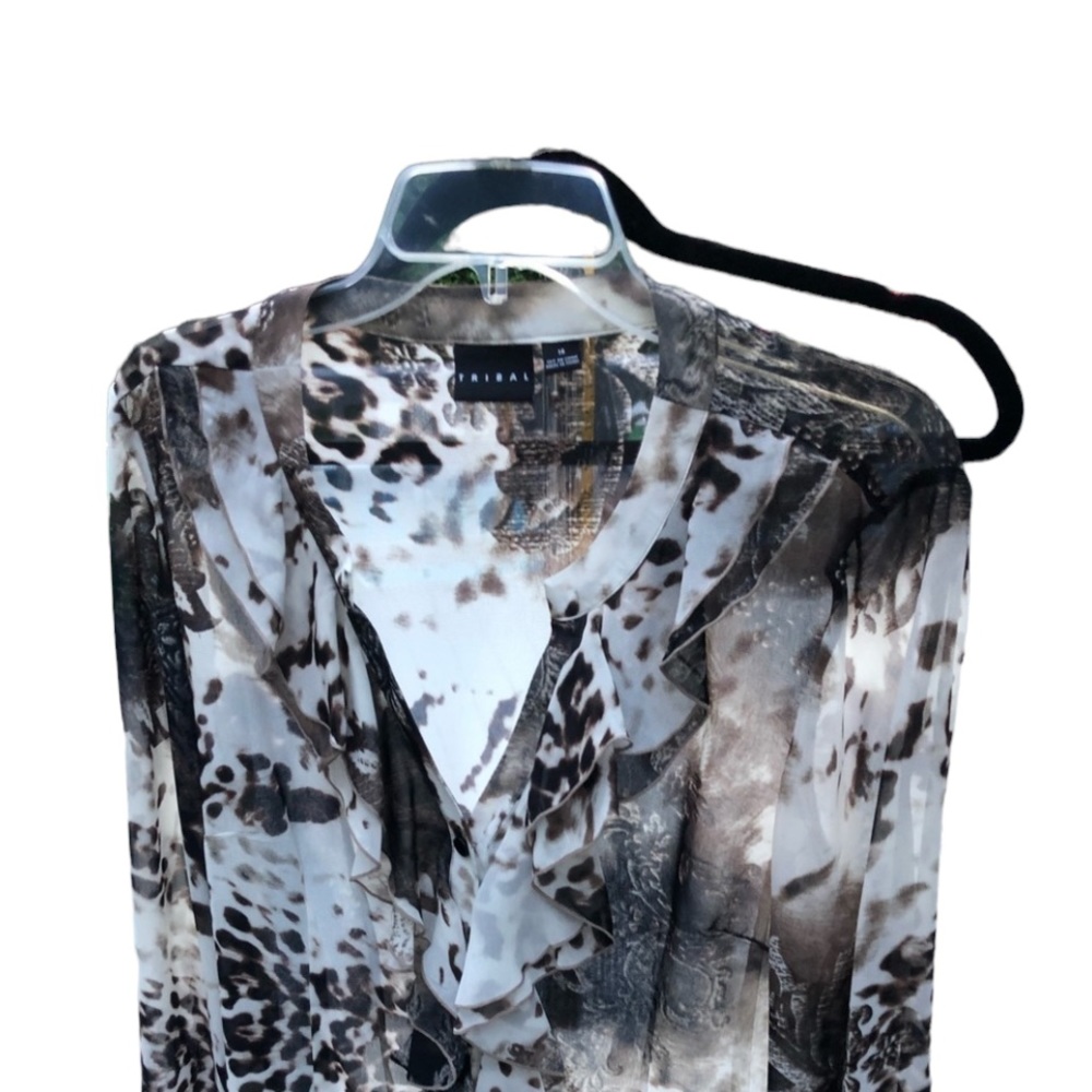 Tribal  size 14 silky top v-neck ivory , brown print blouse with ruffle NWOT